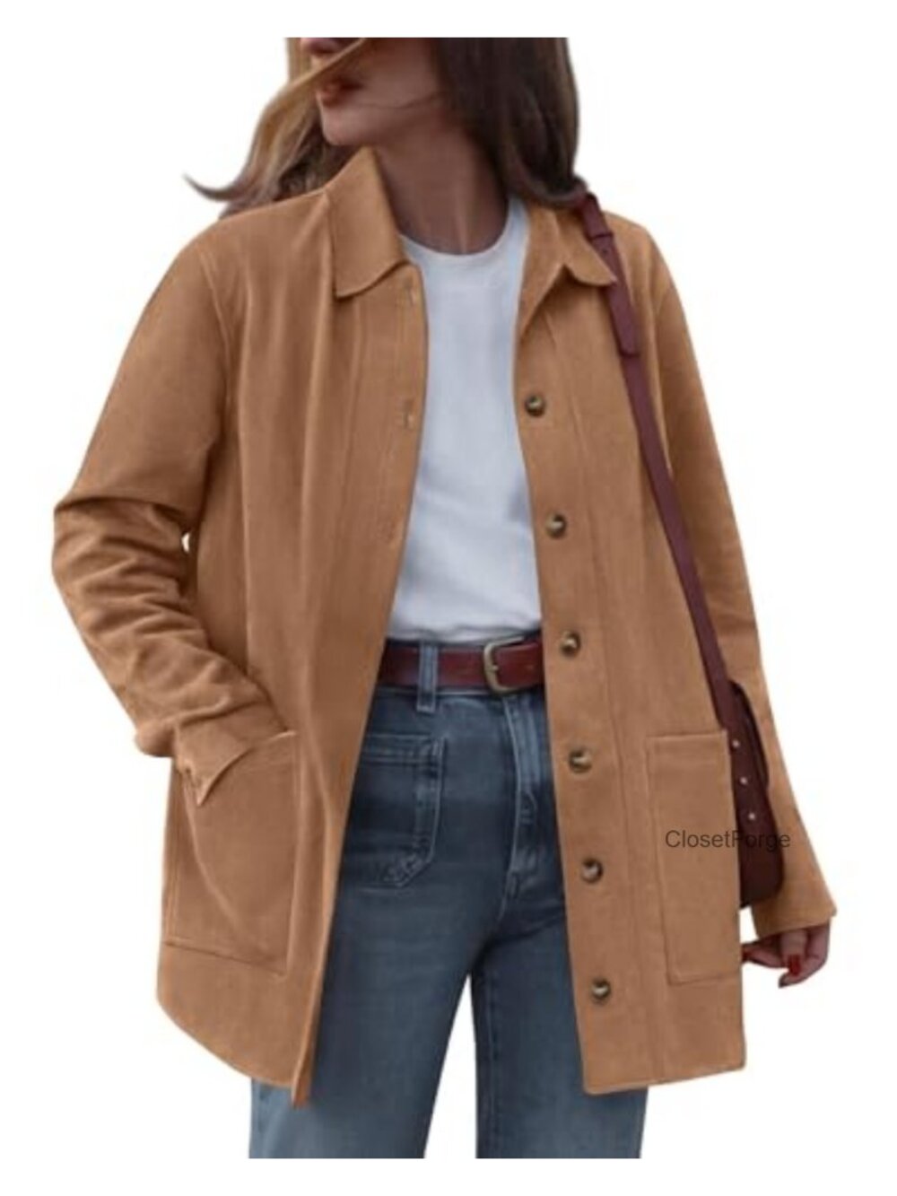 Faux Suede Jacket Women Button Down Lapel Collar Fall Winter